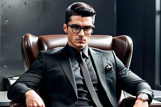 A gorgeous guy with short black hair, glasses, and sitting in a swivel chair like the boss he is.
