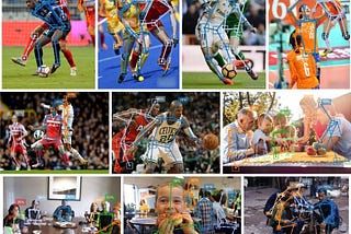 This image collage contains various sports and everyday scenes that have been analyzed using a pose estimation model. The images show the detection and visualization of key body joints and poses using colored markings and overlays. The scenes include soccer, basketball, and casual social settings. Without identifying any specific individuals, the image demonstrates the application of pose estimation technology across different domains and activities.