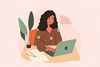 An illustration of a woman typing at her desk with a green laptop.