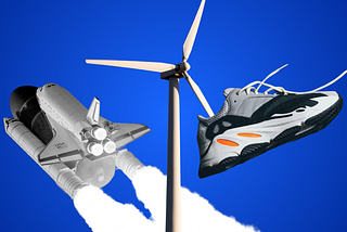 An illustration of a rocket, a windmill, and a sneaker on a blue background.