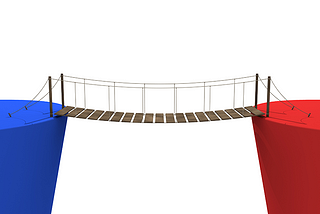 A lonely wooden bridge connecting two spaces: a blue on the left for Democrats and right on the red showing the Republican space.