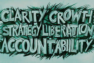 Hand-drawn words Clarity, Growth, Strategy, Liberation, and Accountability in bold, uppercase letters with a spiky, textured background in green and black tones for a striking visual impact. Image credit: The Ratchet Sage™ (Canva) — “What Accountability Offers” under the following license: Authentic Distinction™ exclusive.