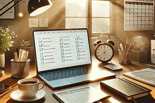 A clean, modern workspace illuminated by warm morning light, featuring a laptop with a checklist, a calendar with marked goals, and motivational items arranged neatly, with a text overlay reading, “7 Best Powerful Strategies to Boost Your Productivity.