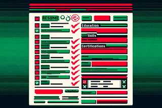 An 8 bit quality image of a resume with some areas highlighted in green and red