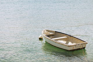 Empty vintage rowboat on a lake