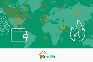 A digital graphic featuring a green world map with multiple orange icons of houses inside circles, representing rental properties worldwide. On the left side, there is a white outline of a calendar and a wallet, symbolizing financial transactions and rental payments. On the right side, there is a white flame icon, likely indicating a token burn event. At the bottom, the ‘RentFi’ logo is displayed, with an orange house outline integrated into the brand name.