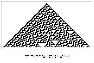 Fig.  1.7: Rule 30, an elementary 1D cellular automaton, evolving from a single seed