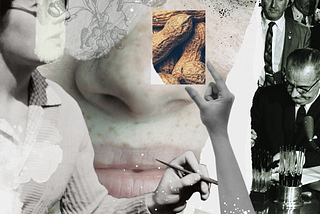 A collage of images that includes a snippet of the signing of the civil rights act of 1965, a hand reaching to grab peanuts, a faded image of a woman smiling