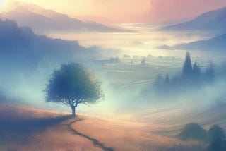 A Mesmerizing Hazy Landscape of A Small Tree, Far-Off Mountains, Sky and Horizon.