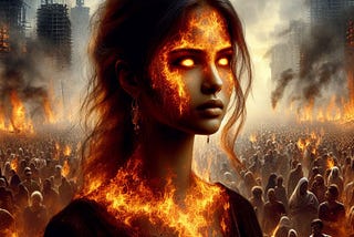 A young woman with flames on her face and chest and glowing eyes stands in front of a crowd of people, some also wearing flames, against a post-apocalyptic urban background.