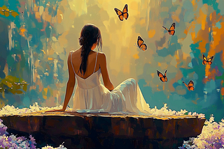 A woman in a white dress sits on a stone ledge, surrounded by butterflies and warm golden light.