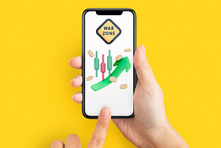 Person holding an iPhone with a profit arrow going up under a sign which says war zone