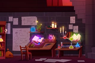 Image: An alchemist’s workroom filled with books and glowing potions, with schematics on the wall for… something.