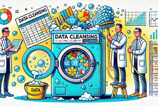 A cheerful data engineer in a lab coat holds a giant scrub brush, surrounded by soap bubbles. Playful and bright design with text ‘Data Cleansing’ in bubbly font.