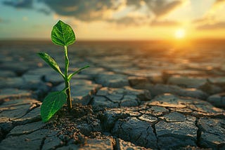 This image depicts a small, green plant growing out of cracked, dry soil. The plant has a few leaves and a slender stem. The background shows a vast, arid landscape with a setting sun, casting a warm glow over the scene. The sky is a mix of orange, pink, and purple hues with wispy clouds.
