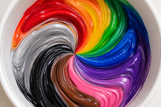 A swirl of liquid colors (red, orange, green, blue, purple, pink, brown, black, and silver) like paint in white bowl.