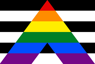 the ally flag. The letter “A” in a stripped rainbow over a black and white stripped background