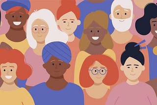 Multiracial and multicultural group of people, crowd. Happy people standing together of different races. Social diversity. Flat cartoon vector illustration.