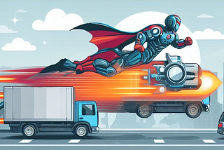 An image generated by Bing Image Creator showing a comic book superhero and a delivery truck