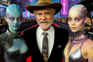 Futuristic image of a film director alongside two of his science fiction characters.