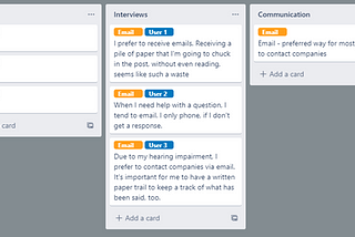 3 columns in Trello, some of the cards have two labels: one giving the user id and the other names the theme the card is attributed to