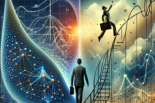 A split-screen image showcasing the Central Limit Theorem with a complex statistical graph on the left and a professional climbing a career ladder on the right. This visual metaphor represents the application of statistical principles to career growth. The text ‘Discover how the Central Limit Theorem can be your guide in the unpredictable journey of career growth’ bridges the two concepts, emphasizing the value of statistical understanding in navigating professional advancement.