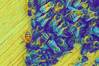 A group of honeybees on a timber background.