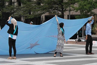 Protesters wave a East Turkestan flag