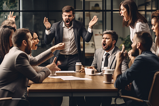 Image of a person in a corporate setup, shouting at others.