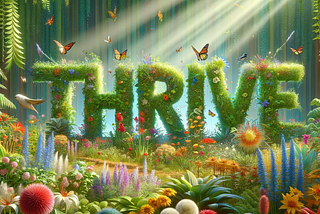 thrive is the 2024 word them for the year — green lush surroundings, butterfly’s flying, flowers every where and beautiful sunlight