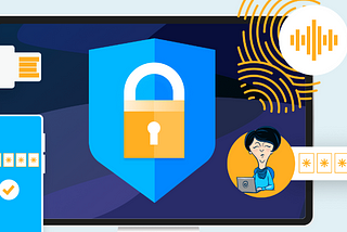 Image of a blue shield with a lock on it. A finger print to the top left, an image of a person at a computer with blocked out areas for password, and a USB drive. All images stating authentication in cybersecurity.