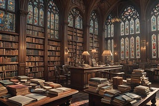 A beautiful oak library with stained glass windows and publications books and magazines