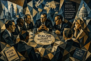 A landscape-oriented Cubist illustration depicts an exclusive gathering of powerful figures seated around a conference table labeled “DIALOG.” The participants are rendered as fragmented geometric forms in shades of blue, gray, gold, and black, emphasizing abstraction and anonymity. Behind them, a fractured world map, city skyline, and domed government building suggest global influence and political power. Text panels reference topics such as artificial intelligence, biotechnology, geopolitics,