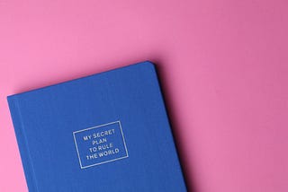 A blue planner notebook that says “My Secret Plan to Rule the World” on a pink background.