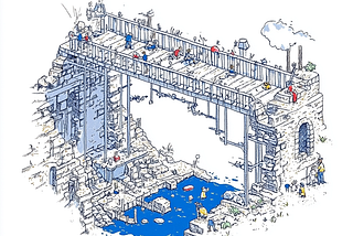 Wooden bridge spanning a river connecting two buildings. Constructed using AI with Midjourney