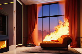 A room with a couch, flames rising