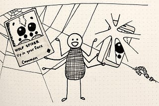 Drawing of a character with eight arms and legs standing in front of a web with a wolf spider trading card and a phone with a screen that is obscured by a light glare, and a question mark wrapped in webbing.