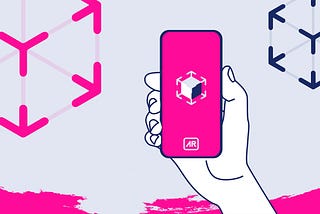 Illustration of hand holding phone with AR symbols