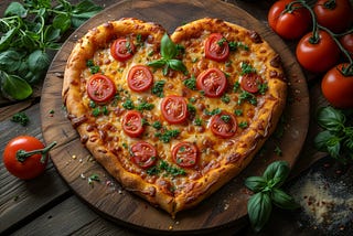 A picture of a heart shaped pizza on a wooden cutting board.