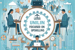 Image shows four people at desks positioned around a clock face with the text ‘focused on upskilling’ in the middle.