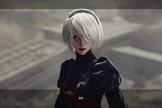 2B, without her symbolic blindfold, shouts, “9S!”
