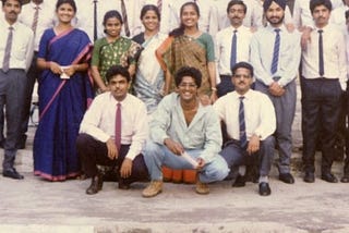 Our MCA batch of 1990. Sudeep, sitting in the middle, didnt get the memo about the dress code :)