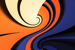 An abstract image of orange, blue, black, and offwhite curiosity.