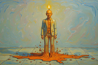 A painting of a person with a candle flame on their head, melting into a puddle, illustrating burnout and the loss of energy.
