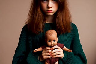 young woman holding a toy baby doll, looking sad