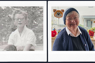 Two pictures of the same woman. The one on the left is in black and white and she is aged about 20. The one on the right is in color and she is aged about 80.