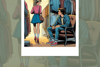 Teenagers in a clothing store in the style of a comic book.