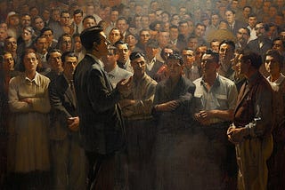 The painting shows a modern man giving a speech in front of people.