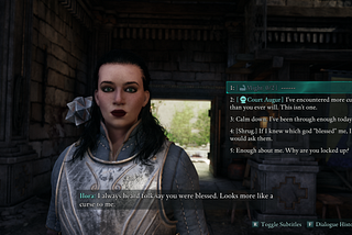 The dialog screen in Avowed, showing the customizable player character on the left and a list of possible responses on the right. The second response is different depending on the chosen player background. For this character I picked “Court Augur.”