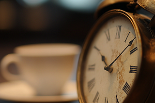 Close-up of an antique clock with blurred hands, symbolizing the swift passage of time with a coffee cup faintly visible in the background